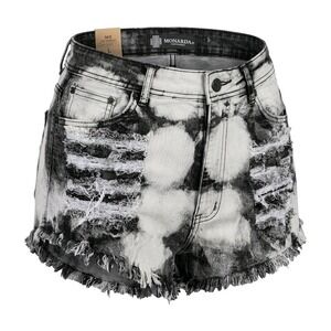 Monarda Los Angeles Black White Acid Wash‎ Distressed Denim Shorts